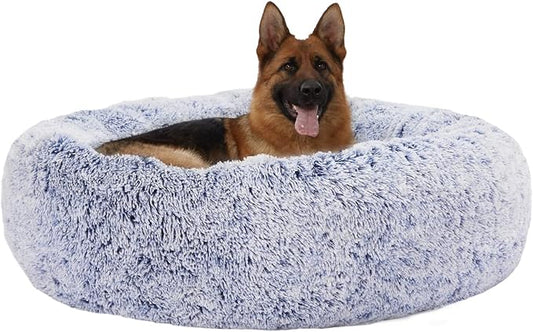 Bedfolks Calming Donut Dog Bed - 45 Inch Round Plush Dog Bed, Anti-Anxiety, Washable & Non-Slip (Navy Blue, Extra Large)