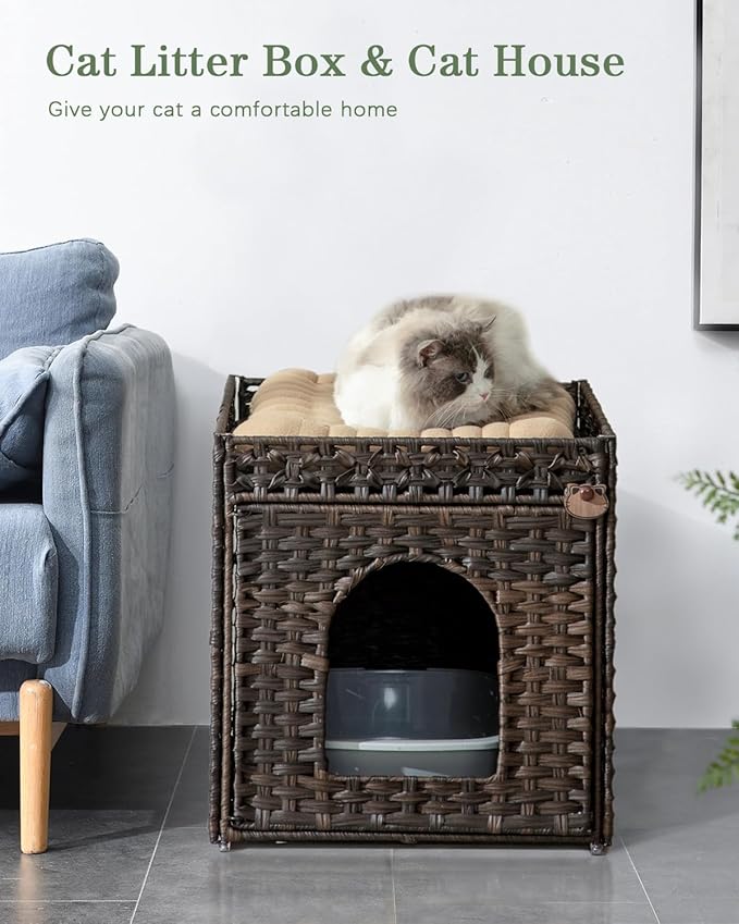 Cat Litter Box Enclosure Furniture, Hidden Litter Box with Mat and Fence, Handwoven Rattan Cat House with Two S-Shaped Hooks for Living Room, Bedroom, 18.5 x 20.5 x 19.1 Inches (Brown)