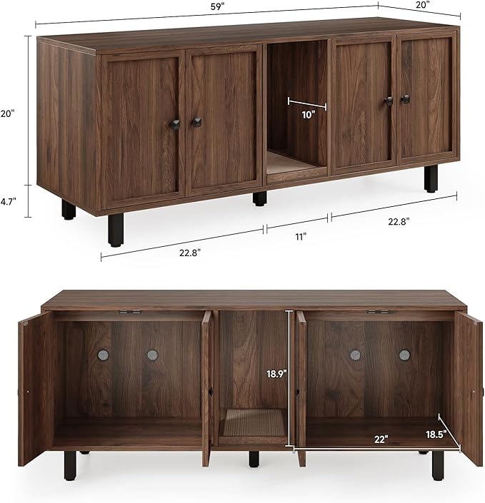 59 Inches Cat Litter Box Enclosure for 2 Cats, Hidden Litter Boxes Furniture with Cat Scratch Pad, Large Indoor Pet House with Double Room, Wooden TV Stand Side Table, Walnut