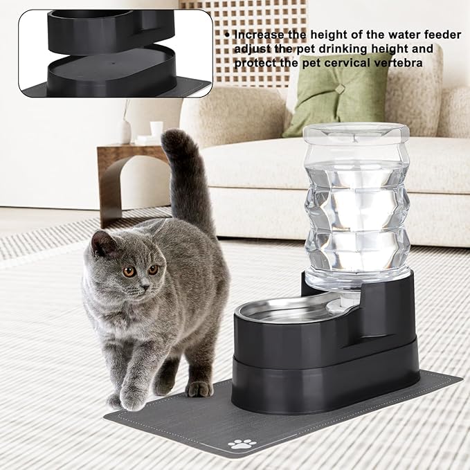 RIZZARI Automatic Cat Water Dispenser: Black 7L Elevated - Stainless Steel Gravity Feeder with Specialized Brush and Triple Filtration - Splash Guard Mat - Use in Bedroom and Livingroom