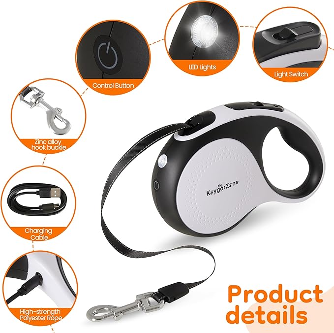 Retractable Dog Leash for Large Dogs with LED Light, 16.4ft Long Pet Leash up to 110lb Pull, 360° Tangle-Free One-Button Control for Small & Large Dogs & Cats, with Charging Cable, White