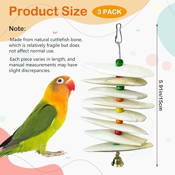 3 Pack Bird Chewing Toy Cuttlebone Parrot Toy with Bell Hanging Bird Beak Grinding Stone Parakeet Cage Accessories for Small & Medium Budgies Lovebirds Cockatiels (Flake,8 Per Skewer)