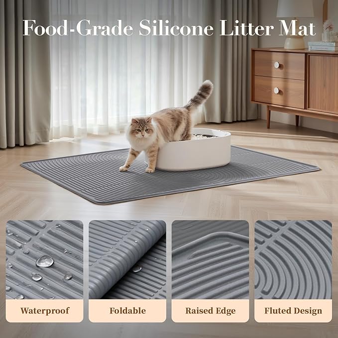Mora Pets Cat Litter Mat, Extra Large 40" X 28" Silicone Litter Box Mats, Waterproof, Non-Slip, Scatter Control, Easy to Clean, Soft on Kitty Paws, XL, Grey