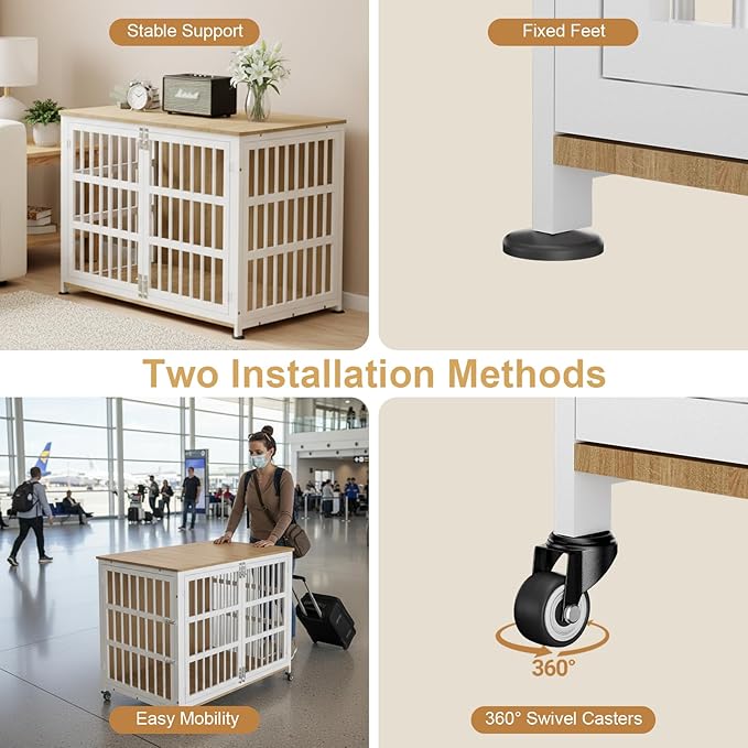 42" Furniture Style Large Dog Crate with Wheels, Metal Chew-Resistant Dog Kennel Indoor for Large & Medium Dogs, 41.9" W x 28.3" D x 31.7" H, Decorate House as TV Stand, End Table — Natural and White
