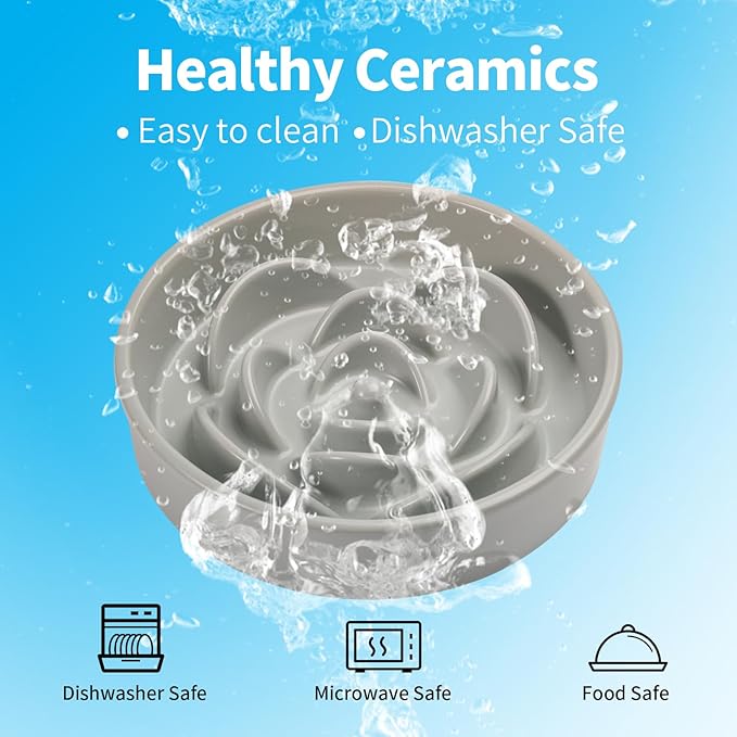 Grey Ceramic Slow Feeder Dog Bowl for Medium and Large Breed,Elevated/Raised 1.5 Cup 8.26 in Slow Feeding Bowl,Puzzle Dog Food Bowl for Fast Eater,Maze Dish for Fast Eater