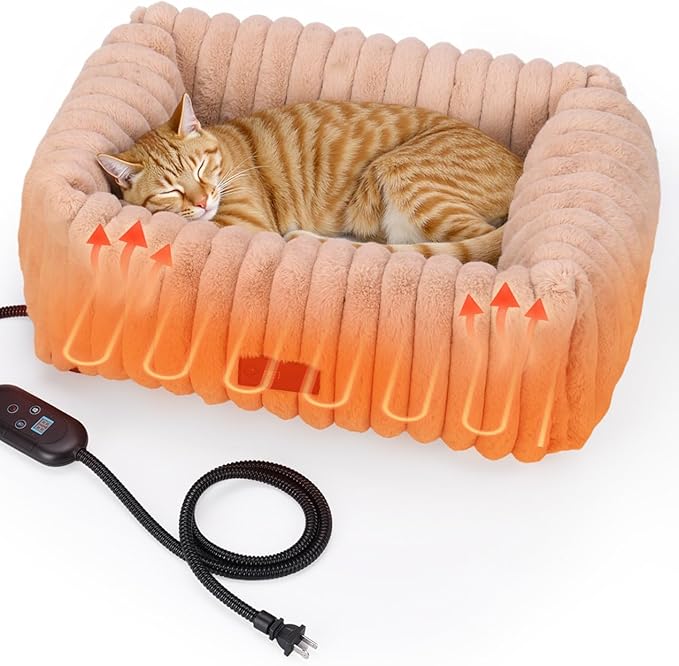 Heated Cat Bed Indoor, Pet Bed with 6 Temperature & 5 Timer Settings, Fluffy Cat Couch with Removable Machine-Washable Cover for Dogs Kitten Puppy in Winter, UL & FCC Certified, Small, Brown