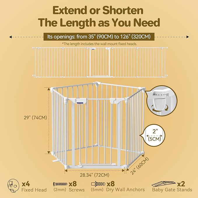 Dog Gate 27.5"-129" Extra-Wide Playpen, Freestanding Pet Gate, Puppy Fence with Auto-Close Door, Double Locking System for Fireplace, Foldable (White, 5 Panels)