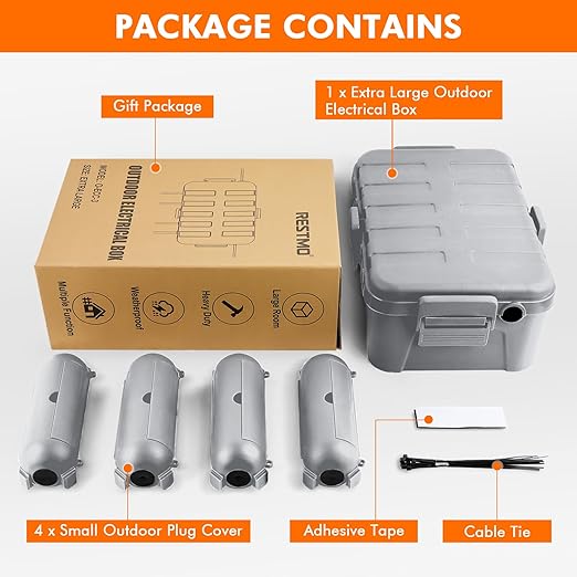 RESTMO 5-Piece Outdoor Waterproof Electrical Box Set – 12.5" x 8.5" x 5" Large & 7.1" x 2.3" x 2.3" Small, Weatherproof Boxes for Power Strip, Outlet, Plug, Socket, Timer, Holiday Light, Light Gray