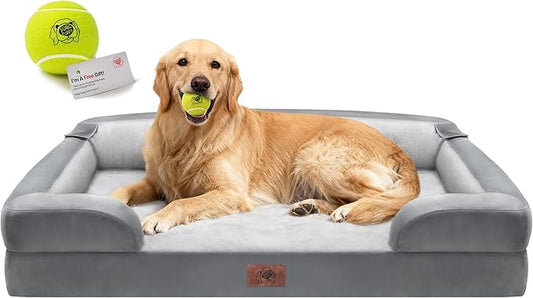 Extra Large Dog Bed, Orthopedic XL Washable Memory Foam Bed for Big Dogs Waterproof Pet Couch Sofa Bolster with Removable Cover, Non-Slip Bottom, Tennis Ball Toy, 42x30