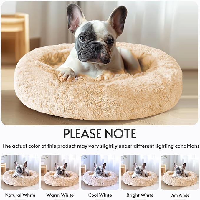 JOLLYVOGUE Calming Dog Bed for Small Dogs - 23 inches Donut Washable Small Dog Bed for Kittens & Puppies, Anti-Slip Round Fluffy Plush Faux Fur Cat Beds (Fits up to 25 lbs Pets, Off White)
