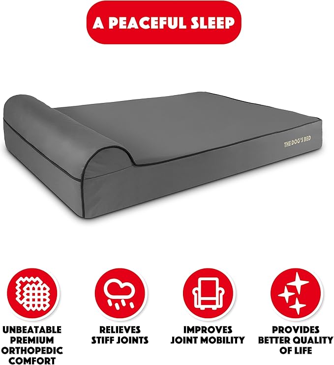 The Dog’s Bed Orthopedic Headrest Dog Bed XXL Grey/Black, Memory Foam, Pain Relief for Arthritis, Hip & Elbow Dysplasia, Post Surgery, Lameness, Waterproof Washable Cover