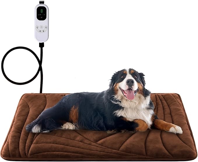 Extra Large Dog Heating Pad with Washable Cover, Soft Plush Pet Heating Pad with 9 Adjustable Temperature, Timer, Chew-Resistant Cord, Waterproof Electric Heated Pet Bed for Dogs, Multi-Pets