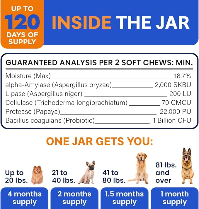 Bark&Spark Vet Strength Dog Probiotics Chews - 60 Billion CFU per jar - Digestive Enzymes for Dogs Gut Health - Chewable Supplement for Diarrhea, Gas, Constipation, Upset Stomach Relief (120 Ct)