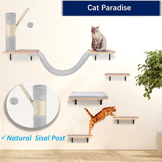 Cat Wall Shelves, Solid Wood Cat Wall Furniture Set, with Cats Bed, Hammock, Felt Ladder, Sisal Scratching Post & Ball (Grey)