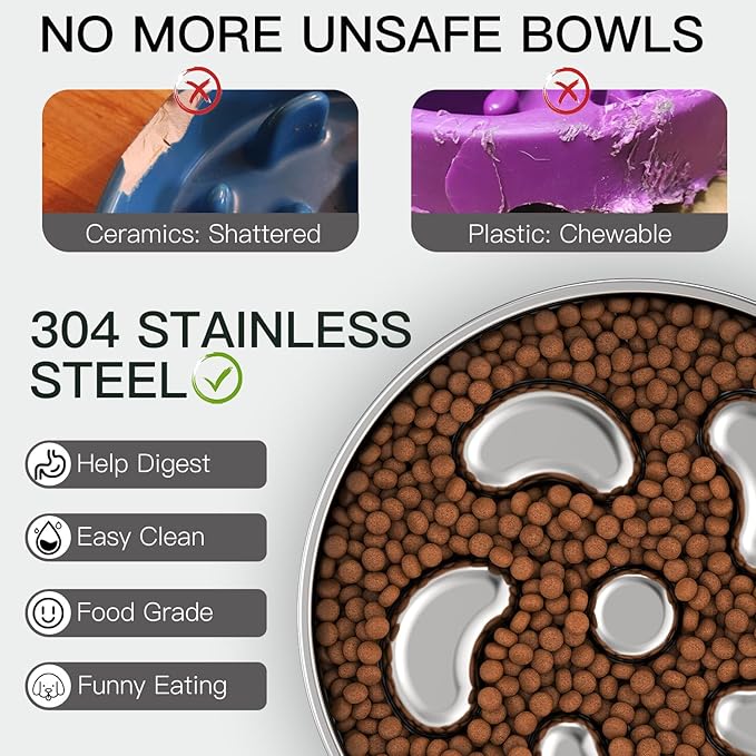 Slow Feeder Dog Bowl-2Cups for Medium Breeds, Double-Layer Stainless Steel, Heavy-Duty with Non-Slip Rubber Base, Puzzle Maze Bowl to Slow Down Eating [2Pack]