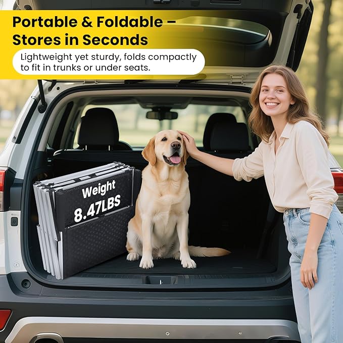 Dog Stairs for Large Dogs, Extra Wide Dog Ramp for Car with Non-Slip Surface, Folding and Portable Dog Car Ramp for SUV & Car, Outdoor, Supports up to 250 lbs, 4 Steps