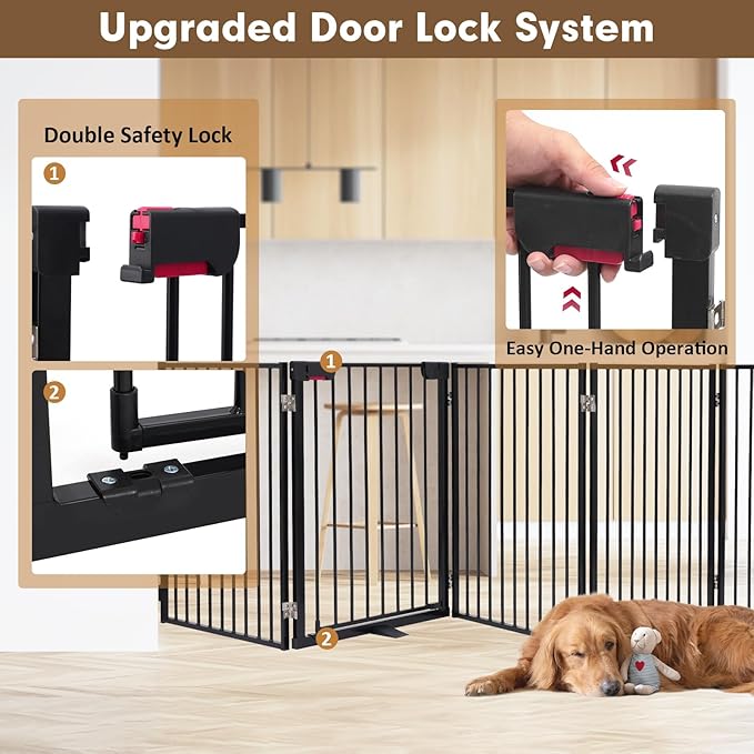 Metal Freestanding Dog Gates with Door,Extra Wide 24", 32" Height Foldable Dog Fence for Indoor & Outdoor, Heavy Duty Freestanding Pet Barrier for Stairs, Doorways, Halls, Kitchen,Yard,Christmas Tree