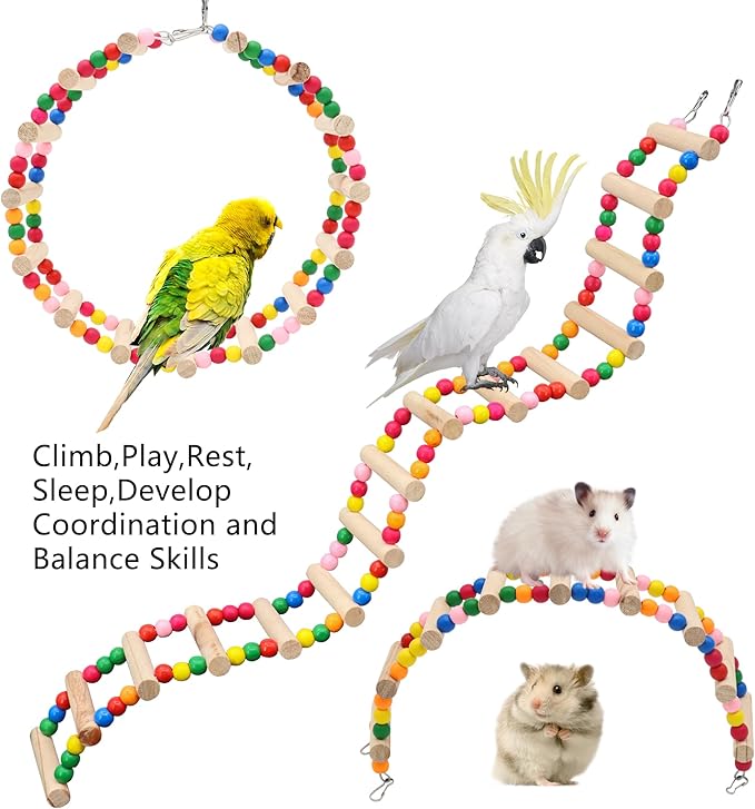 15-Step Bird Ladder Bridge,28.74 x 3.15 inch Raw Wood and Edible Dye,Pet Hamster Climbing Ladder Swing Toys Suitable for Small to Medium Birds,Bird Cage Accessories (15 Ladders)