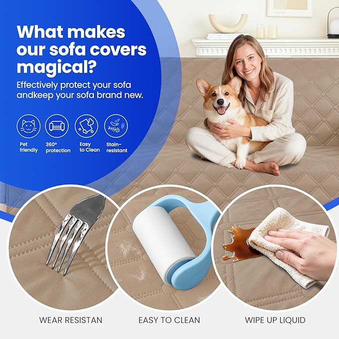 Waterproof Dog Blanket, Non-Slip Soft Pet Bed Cover, Couch Cover for Dogs Washable, Protects Sofa, Furniture, Crate, Car, Tear Resistant Leakproof Pet Blanket (52x82 Inch, Khaki)