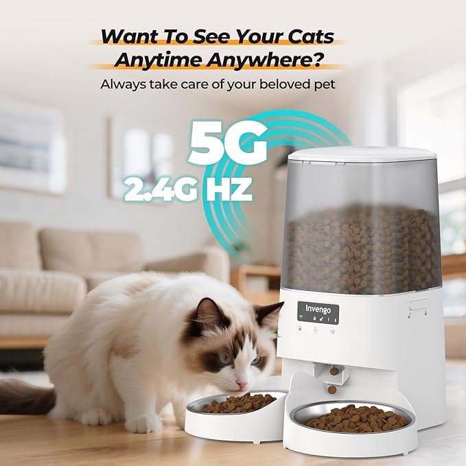 Automatic Cat Feeder with App Control, 5L Food Dispenser for 2 Cats, 2.4/5G WiFi, Dual Power, Programmable Portions, Anti-Jam & Fresh-Lock, Stainless Steel Bowls, Easy to Clean