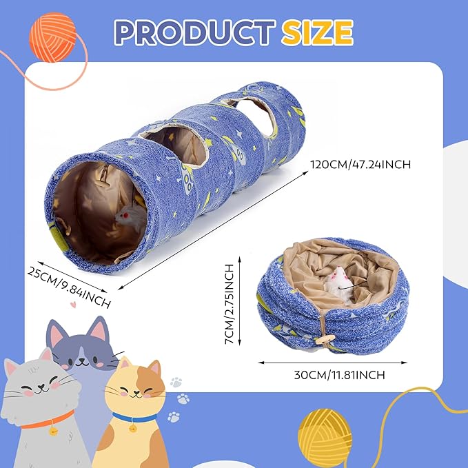 Glowing Astronaut Pattern Cat Tunnel - Collapsible with Plush Balls, Ideal for Indoor Cats, Rabbits, Kittens, Ferrets & Puppies (Blue)
