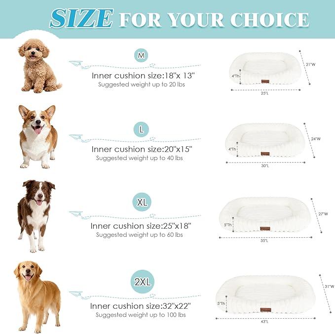 Washable Dog Bed for Extra Large Dogs - XL Soft Plush Furry Calming Dog Bed with Removable Zipper Cover, Orthopedic Rectangle Anti-Anxiety Pet Kennel Bed with Handle, 43x31x5inches, Cream