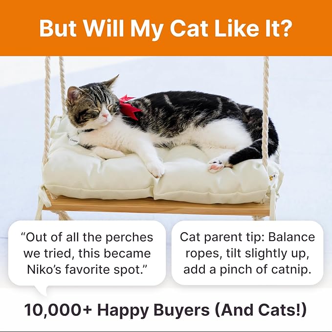 Cat Window Perch with Industrial-Grade Suction Cups - Solid Pine Wood Hammock Bed, Soft Cushion - 42 lb Capacity for Cats Inside