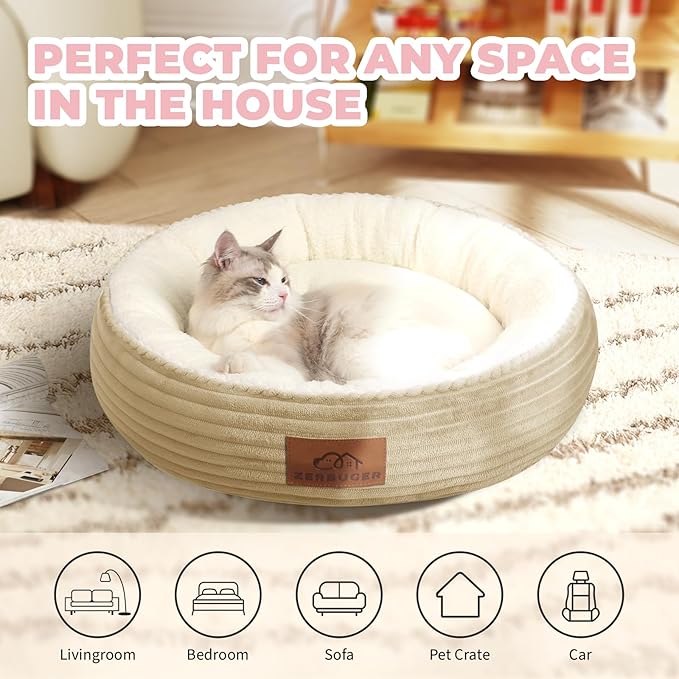 20in Camel Round Cat Dog Bed Gift for Large Medium Small Dogs Cats, Machine Washable Sleeping Sofa, Non-Slip Bottom Breathable Soft Calming Pet Cuddler for Indoor/Outdoor/Car/Cage