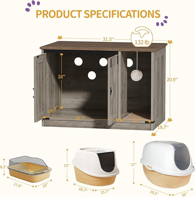 Cat Litter Box Enclosure, Hidden Litter Box Cabinet Furniture with Bell, Indoor Cat House, Farmhouse Style, 31.5 x 19.7 x 20.9Inches, for Hallway, Bedroom, Light Ivory and Brown CB82405X