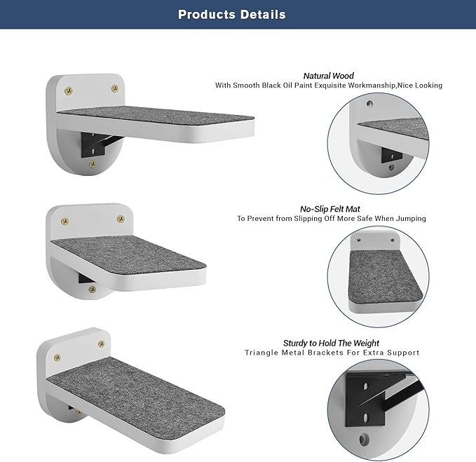 ESPETS Set of 3 Natural Wood Cat Steps for Wall - Wall Mounted Cat Shelves & Perches, Indoor Kitty Climbing Stairs & Ladder - Holds up 30lbs