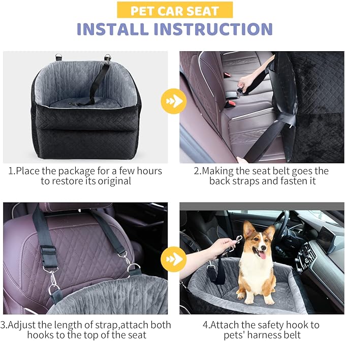Dog Car Seat for Small/Medium Dogs, Upgrade Dog Booster Seat,Detachable and Washable Pet Car Seats with Thick Cushion Safety Leash and Storage Pockets(Black/Grey)