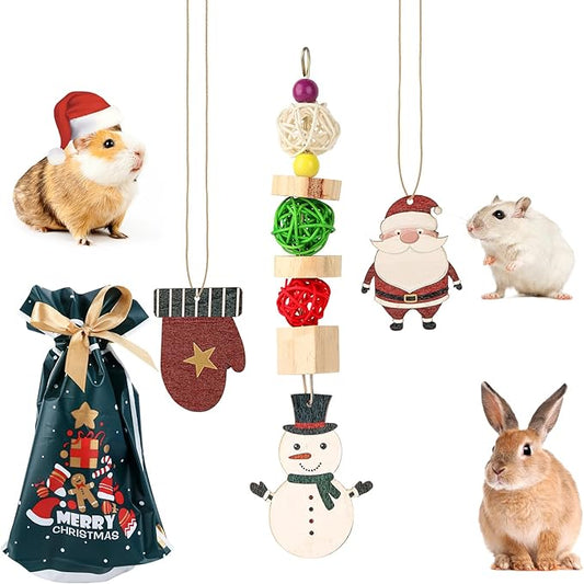 Abizoo Christmas Guinea Pig Chew Toys, Rabbit Chew Toys Hamster Bunny Treats Wood for Chinchilla, Hanging Christmas Themed Decor Cage Accessories for Small Animals pet Teeth Enrichment Gifts