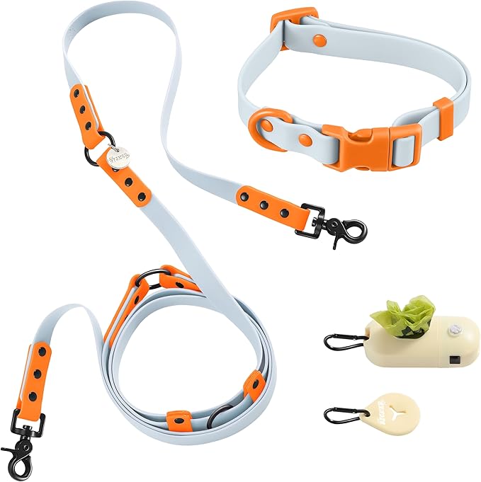WLK1004D-5SET Luna Small 8FT Adjustable 6-in-1 Waterproof Hands-Free Leash and Collar with LED Flashlight, Bag Dispenser, and Poop Bag Holder, Fishbowl