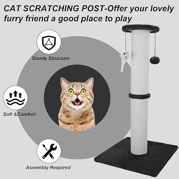 Cat Scratching Post 34 Inches Heavy Duty and Thicker Cat Scratching Post Sisal Rope with Hanging Ball and Mice Scratching Post for Indoor Cats and Adult(Black)
