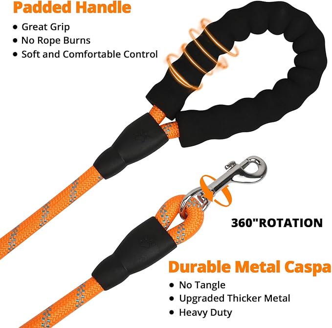 Rope Dog Leash 4 FT: Heavy Duty Leashes with Swivel Lockable Hook Reflective Threads Bungee and Padded Handle - Dog Lead for Large Small Medium Dogs Outside Walking Hiking Orange