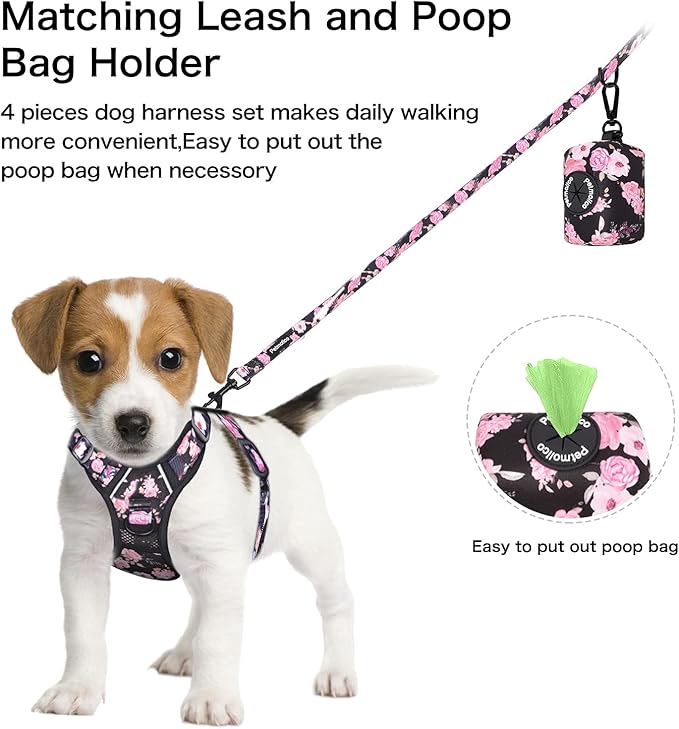 Petmolico No Pull Dog Harness Set with Leash Attachment Easy Control Handle Reflective Harness Vest Small Breed, Puppy Vest and Leash Set with Poop Bag Holder, Small - Pink Rose