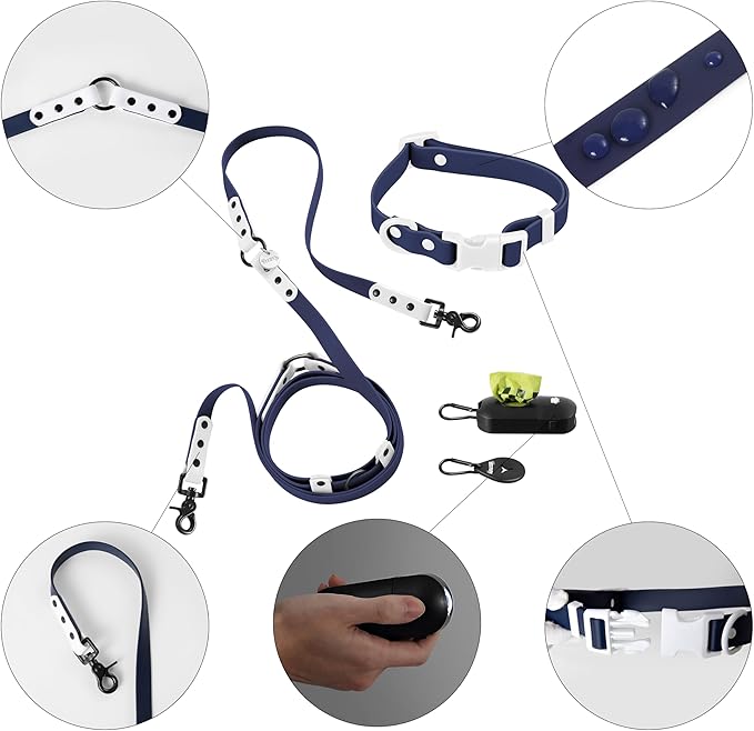 WLK1004J-5SET Luna Small 8FT Adjustable 6-in-1 Waterproof Hands-Free Leash and Collar with LED Flashlight, Bag Dispenser, and Poop Bag Holder, Highball