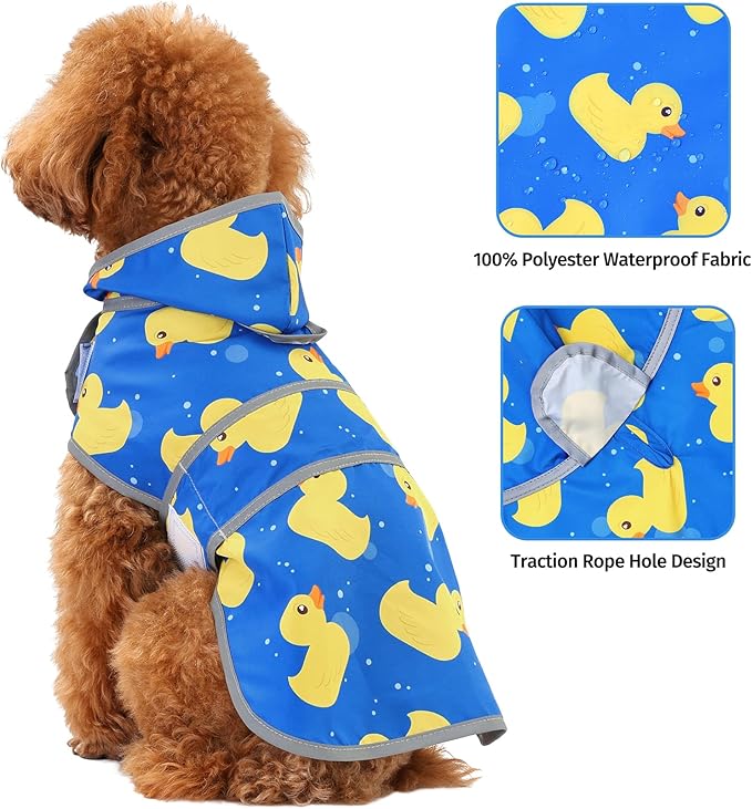 Dog Raincoats for Small Dogs Puppies Waterproof Hooded Rain Jacket with Reflective Strips Leash Hole & Poncho Adjustable Fit (ShinyDuck,S)
