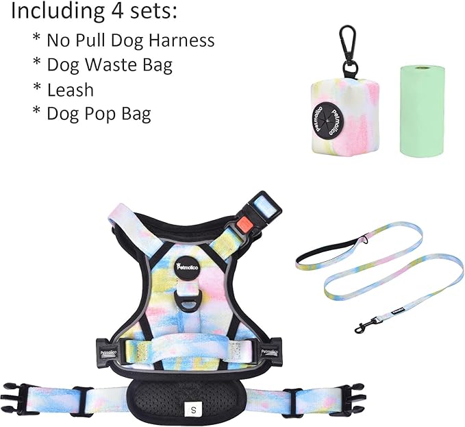 Petmolico No Pull Dog Harness Set with Leash Attachment Easy Control Handle Reflective Harness Vest Small Breed, Puppy Vest and Leash Set with Poop Bag Holder, Small - Iridescent