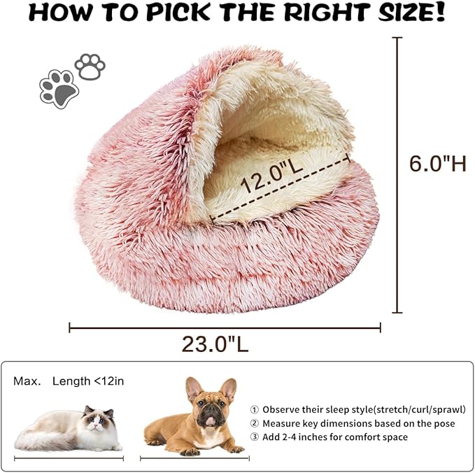 ShinHye Cozy Cat Bed - Round Plush Fluffy Hooded Cave, Indoor/Outdoor, Waterproof & Washable, Calming Anti-Anxiety Design - 23x23inch, Pink