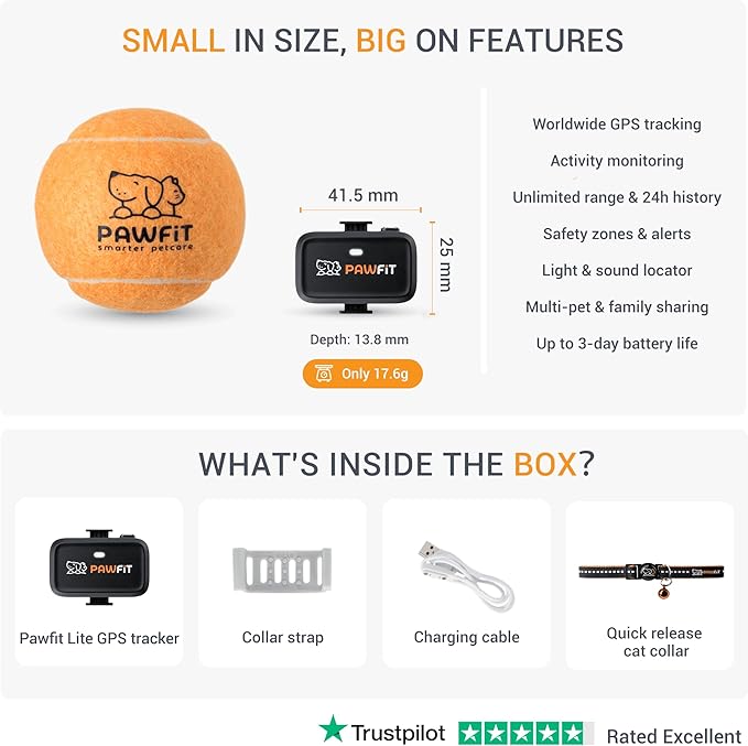 Pawfit Lite for Cats 4g GPS Tracker | Real Time Tracking | Activity Monitoring |Location History | Unlimited Range | Safety Collar Included | Onyx Black