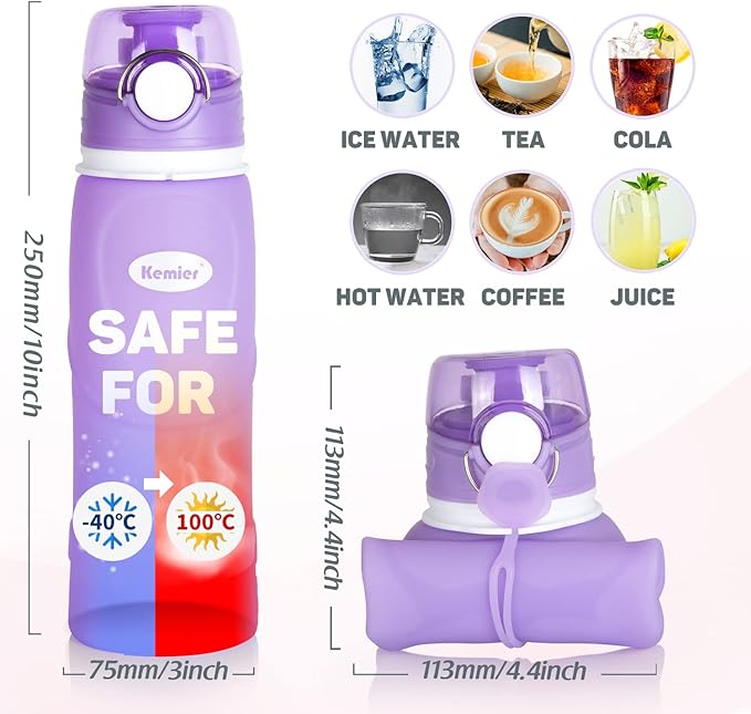Kemier Collapsible Silicone Water Bottles-750ML,Medical Grade,BPA Free Travel Water Bottle Can Roll Up,26oz,Leak Proof Foldable Sports & Outdoor Water Bottles