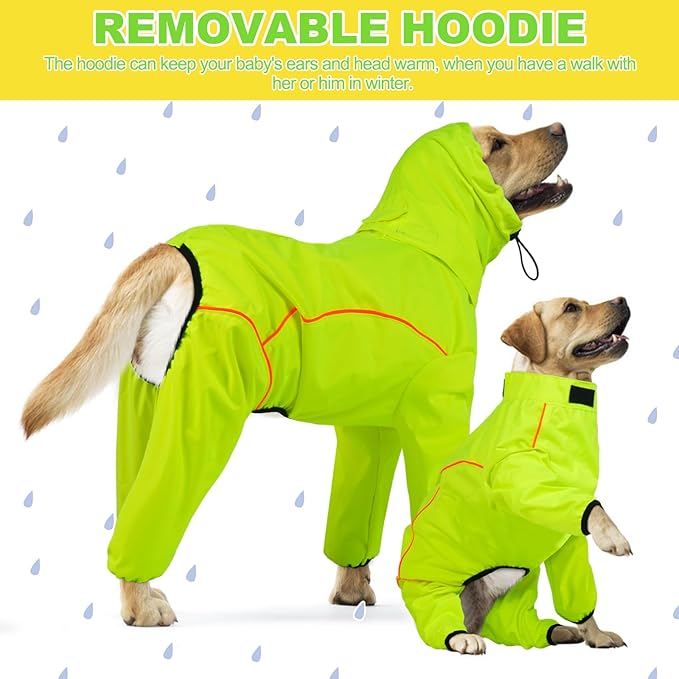 Dog Raincoat, Waterproof Dog Rain Jacket with Removable Hood，Adjustable 4 Legs Pet Poncho with Leash Hole，Reflective Stripe Hooded Snowproof Windproof Clothes for Small to 3X-Large Dogs, 3XL