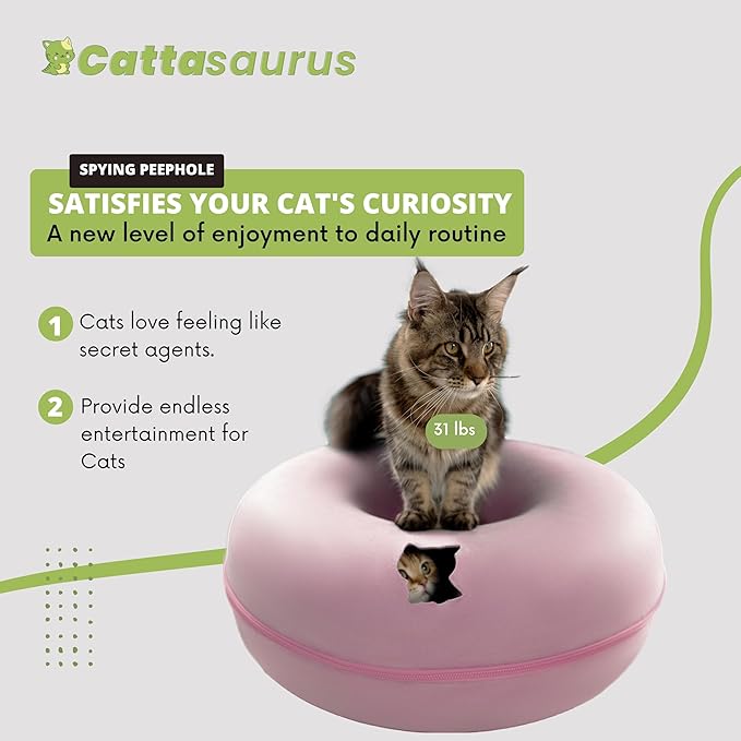 Cattasaurus Peekaboo Cat Cave Donut for Multiple & Large Cats up to 30-45 lbs, 3-in-1 Self Warming Cat Bed, Tunnel & Scratcher for Indoor Cats, Washable & Detachable Small Dog Bed (Pink, Jumbo)