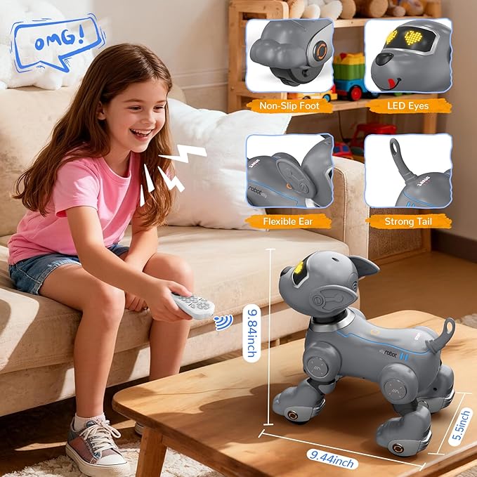 anysun Remote Control Robot Dog for Kids, Programmable Smart Puppy Intelligent Learning Dancing Walking RC Robot Toys for Girls and Boys (Gray)
