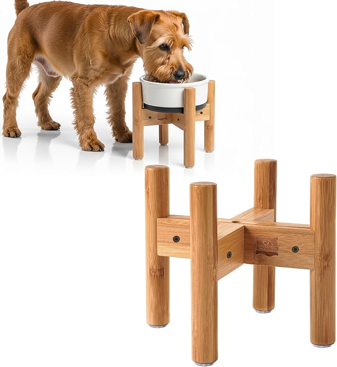 Dog Bowl Stand for Medium Breeds - Use to Raise, Elevate Dog Food/Water Feeders, Fountains and Bowls, Adaptable Size (See Size Guide) - Bamboo