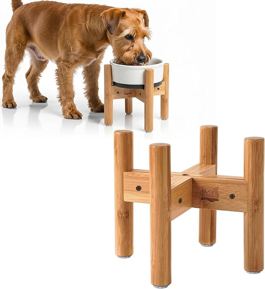 Dog Bowl Stand for Medium Breeds - Use to Raise, Elevate Dog Food/Water Feeders, Fountains and Bowls, Adaptable Size (See Size Guide) - Bamboo