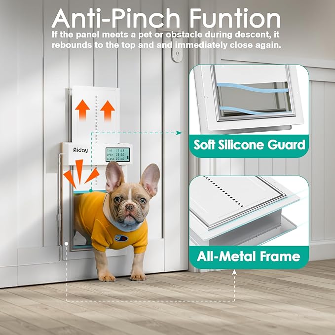 Automatic Dog Door for Door with Collar Sensor, Electronic Medium Dog Door with Timing Function, Anti-Pinch, Metal Frame&Panels, Mains-Powered- M