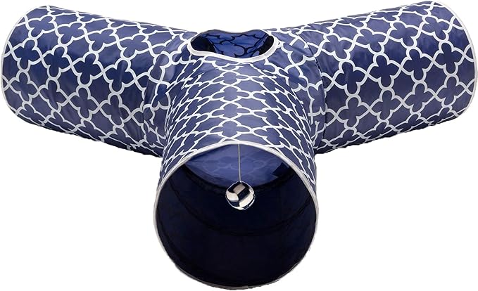 Cat Tunnel - Collapsible 3 Way Quatrefoil Play Toy - Tube Fun for Rabbits, Kittens, and Dogs - Quatrefoil Navy/White