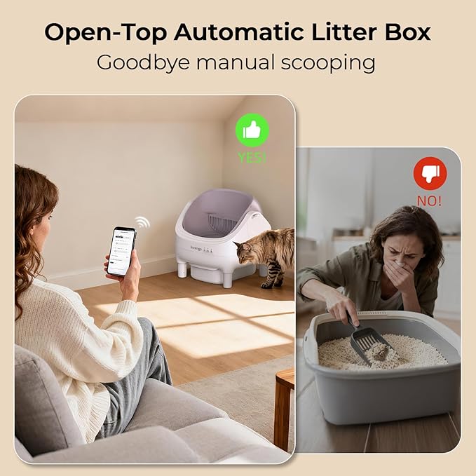 Automatic Cat Litter Box Self Cleaning, App Control, Open-Top Automatic Litter Box with Safety Sensors, Ultra-Quiet, 10L Waste Bin with Odor Control, 2 Rolls of Garbage Bags, Champagne